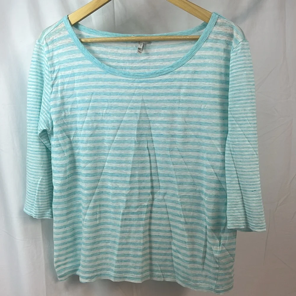 Joie Striped Linen 3/4 Sleeve Top, Small, Aqua White Kilinda Yarn-Dyed Slub Tee - Picture 2 of 9